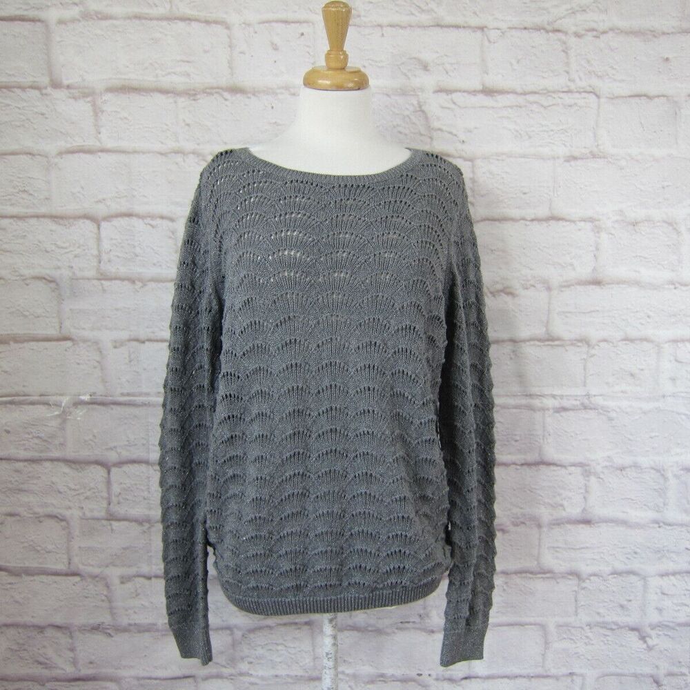 ANN TAYLOR LOFT OUTLET Size XL Gray Metallic Scallop Knit Sweater Crossover Back